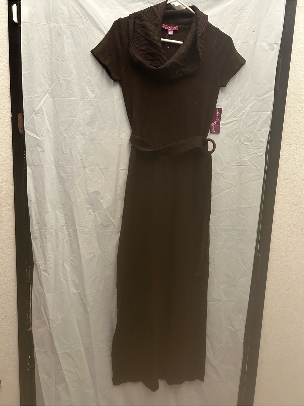 Derek Heart Chocolate Brown Cowl Neck Maxi Dress with Tie Belt Sz M NWWT